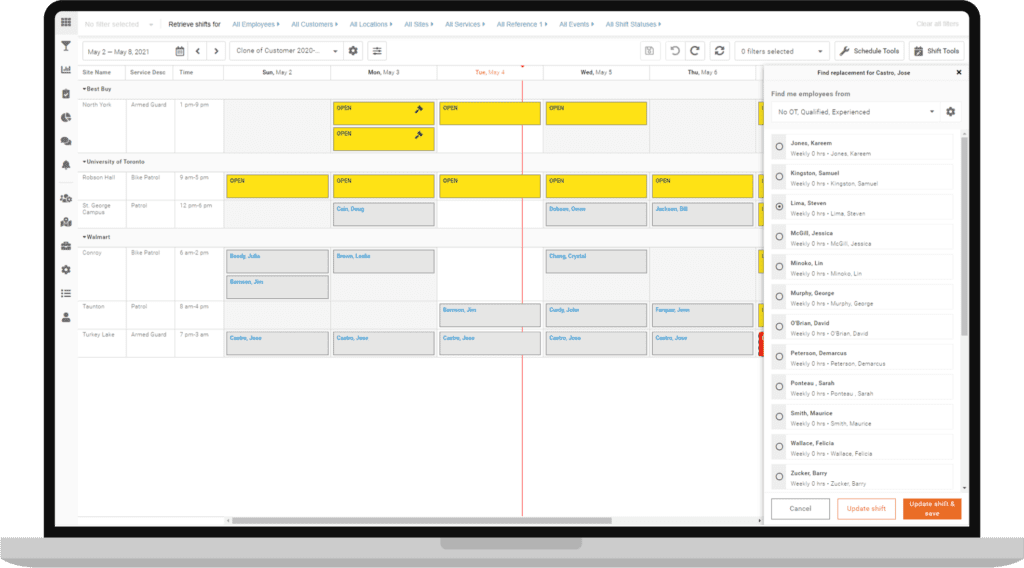 Laptop Screen with Employee schedule: Employer view