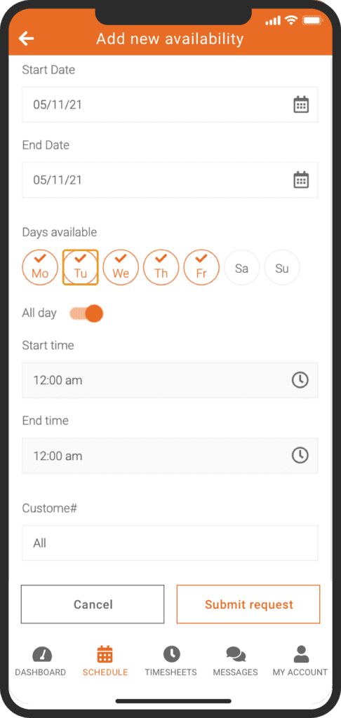 Employee setting their availability on Celayix Mobile app
