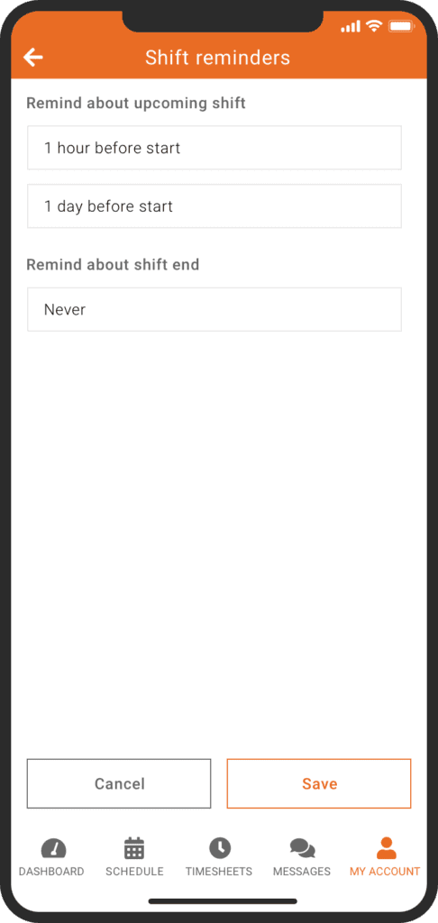 Mobile app shift reminder page