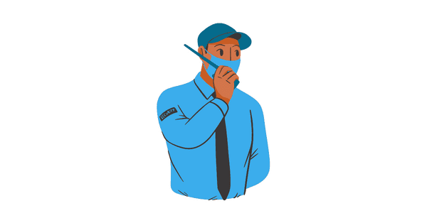 animated security guard talking on radio while wearing mask