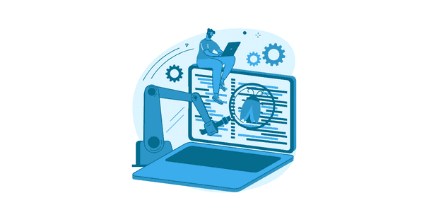 animation showing a man working on a laptop while a machine uses a magnifying glass to inspect a bug on a laptop
