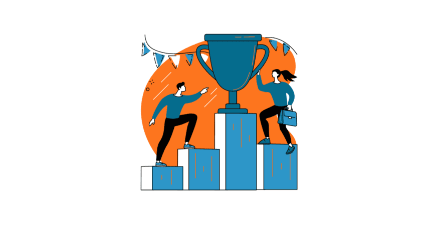 2 animated characters competing for a trophy up on a pedestal