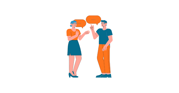man and woman talking with speech bubble animation