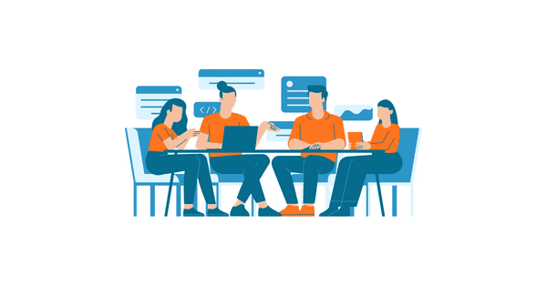 animated group of employees sitting at a table working