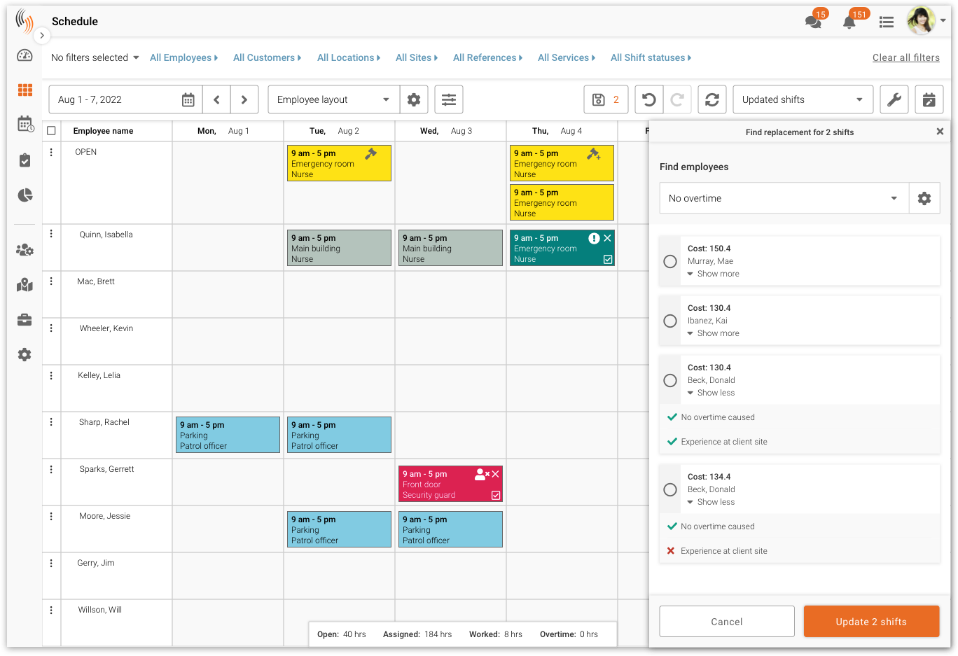 Find replacement for employee scheduling