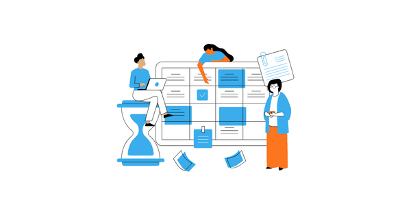 animation of three employees working together on a schedule