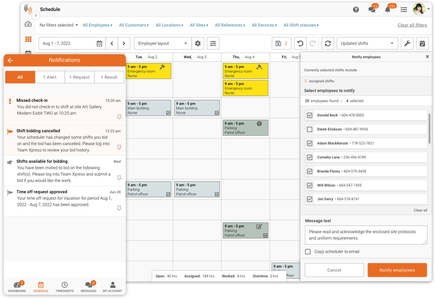 Broadcast notifications for employee scheduling