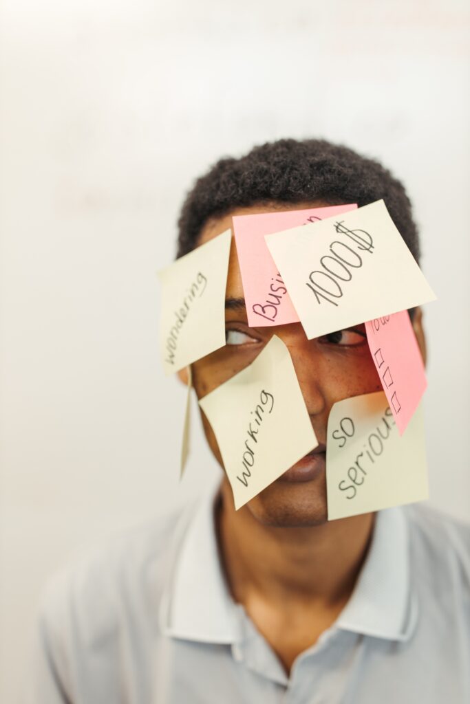 Person covered with distracting sticky notes