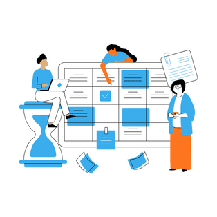 animation of three employees working together on a schedule
