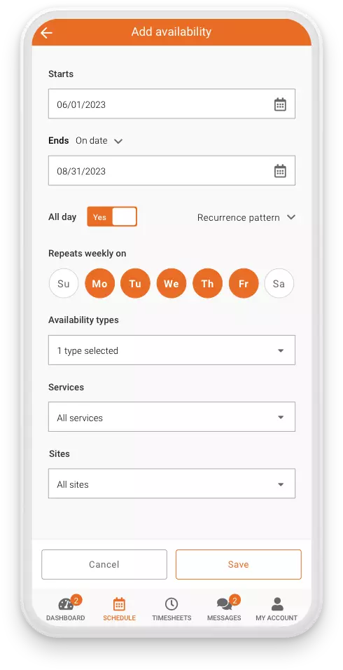 Celayix Mobile showing availability feature