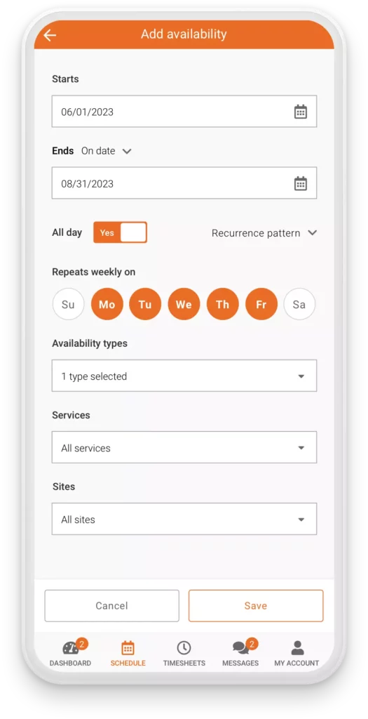 Adding employee availability in the Celayix mobile scheduling app