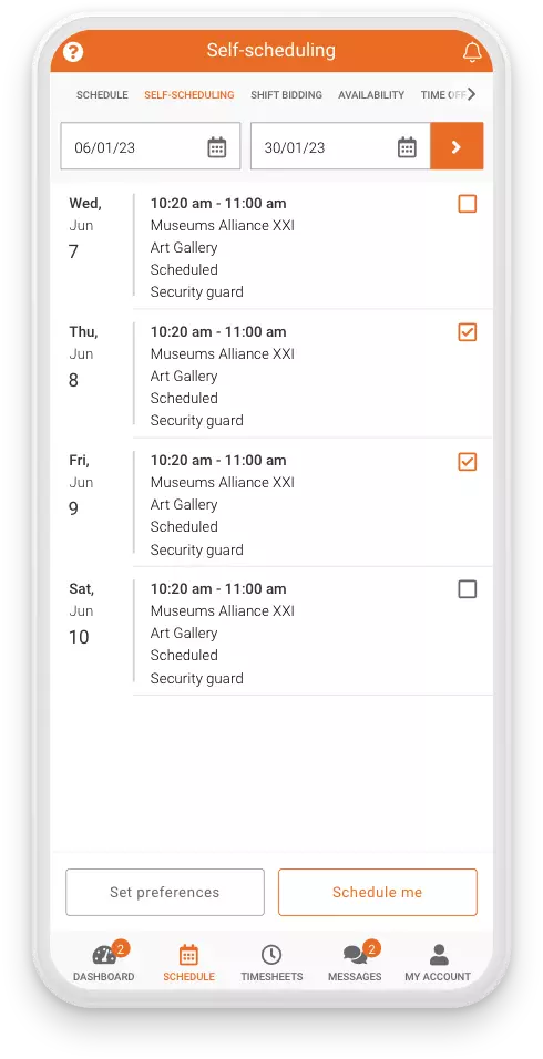 Celayix Mobile showing self-scheduling feature