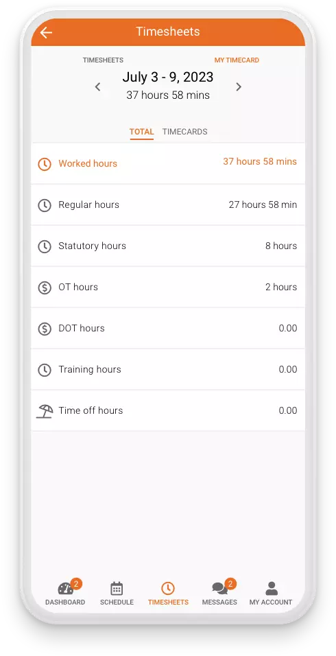 Celayix Mobile showing timesheets and timecards feature