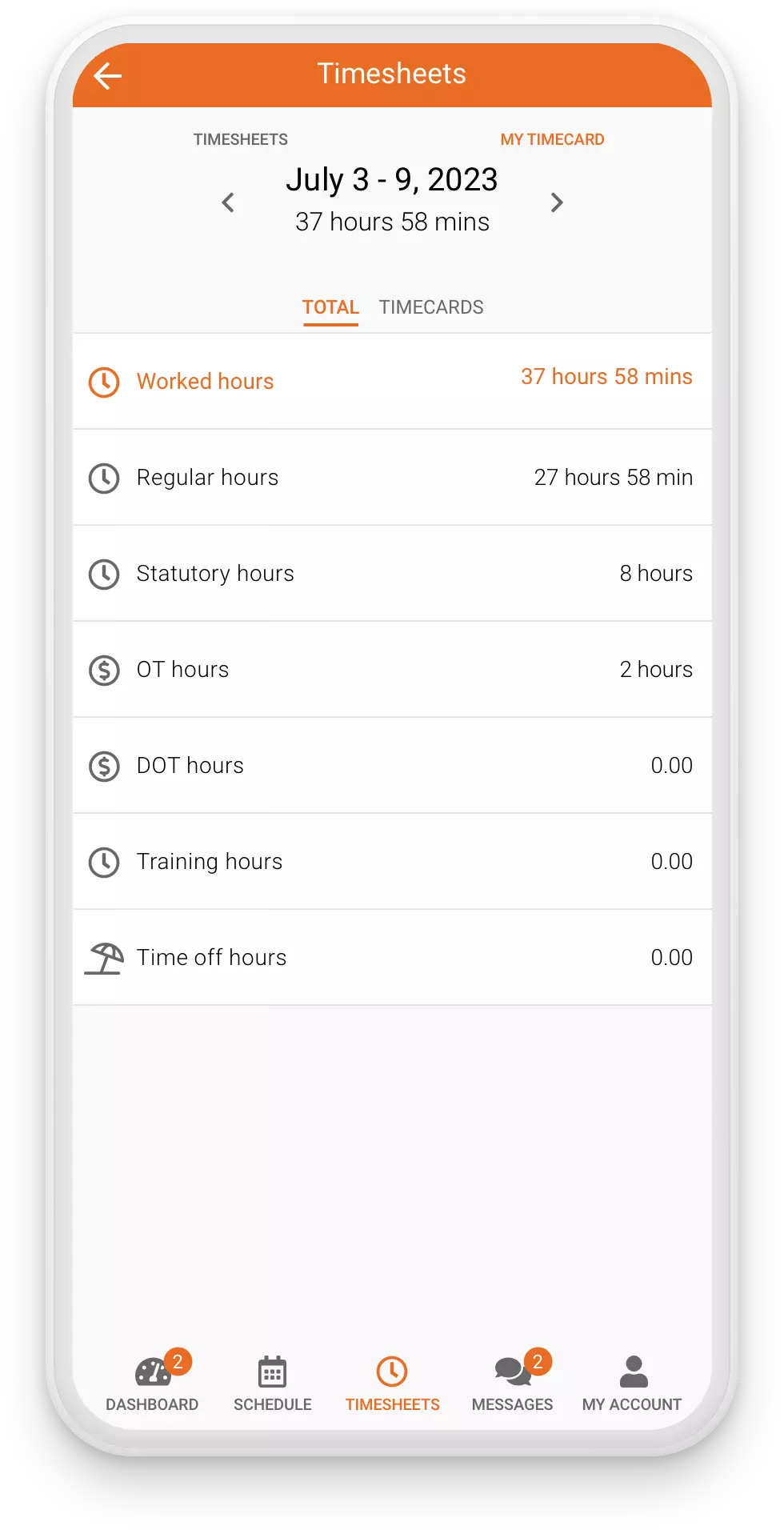 Celayix Mobile showing timesheets and timecards feature