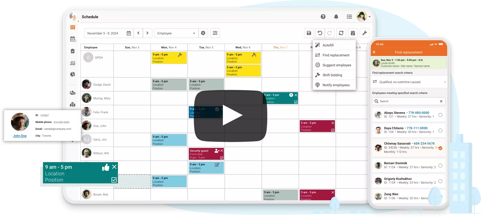 employee scheduling software homepage image with play button